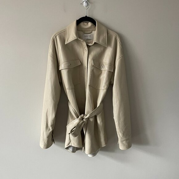 Babaton Ava Vegan Leather Button Front Long Sleeve Collared Jacket Cream Medium - Picture 3 of 10